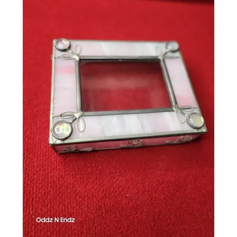 Stained Glass Trinket Box With Pink Opalescent Accents‎ & Metal Frame